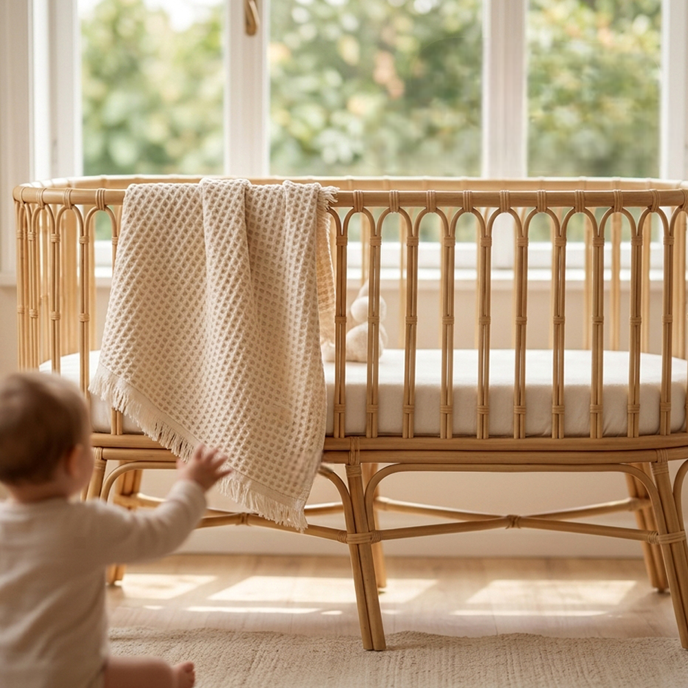 Waffle Knit Baby Blanket with Fringe Beige - SP001.1170.12