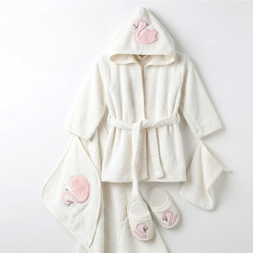 Little Swan Embroidery Cotton 4-Piece Baby Bathrobe Set Ecru (0-24 Months) - SP001.163