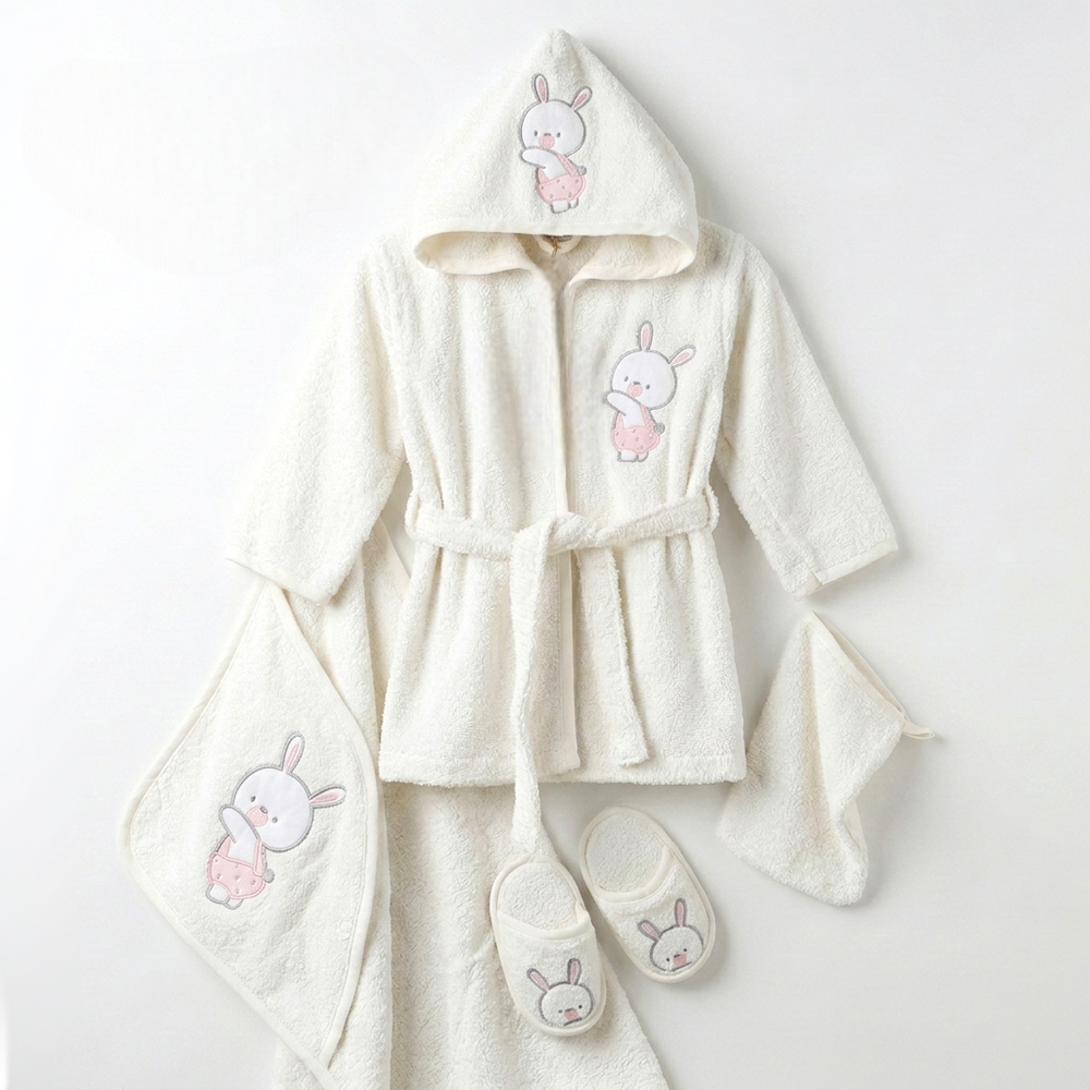 Bunny in a Hat Embroidery Cotton 4-Piece Baby Bathrobe Set Ecru (0-24 Months) - SP001.165