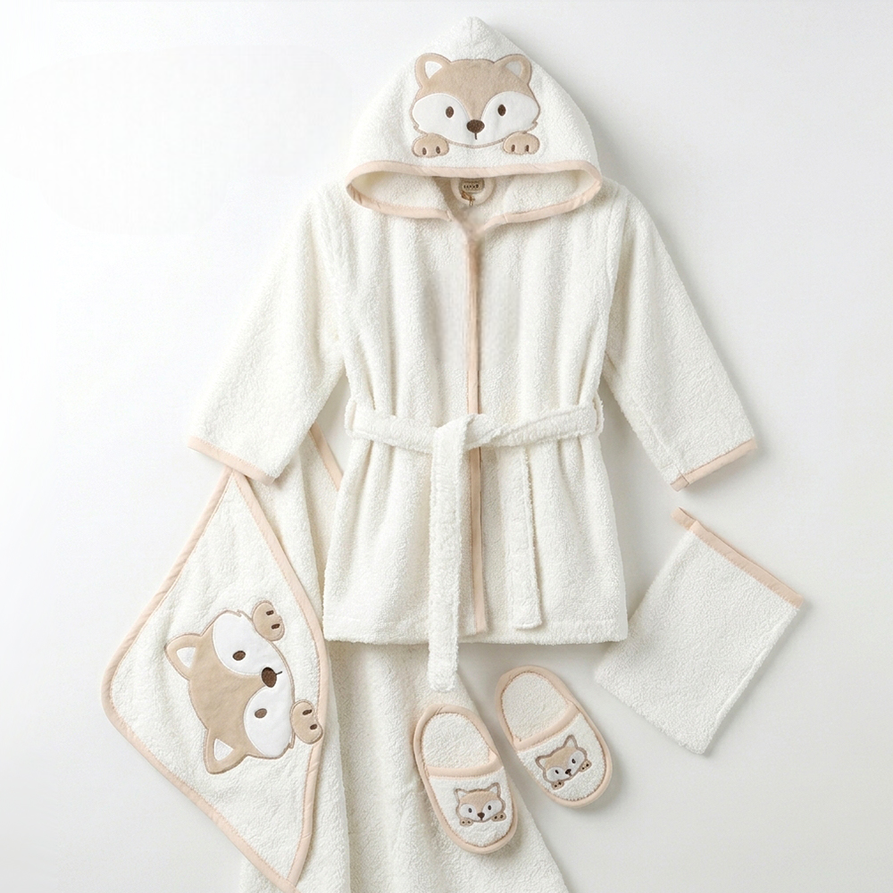 Little Raccoon Embroidery Cotton 4-Piece Baby Bathrobe Set Ecru (0-24 Months) - SP001.166
