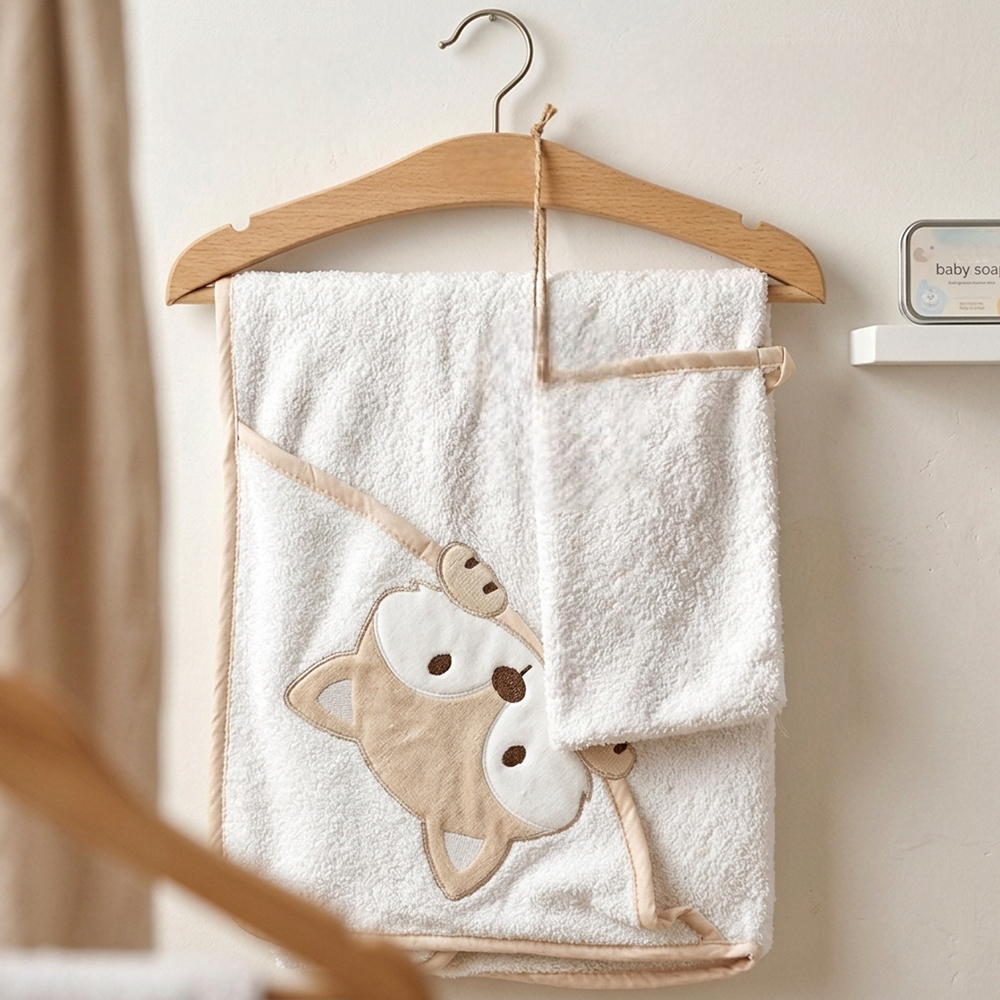 Little Raccoon Embroidery Cotton 2-Piece Baby Hooded Towel & Bath Sponge Set Ecru - SP001.602