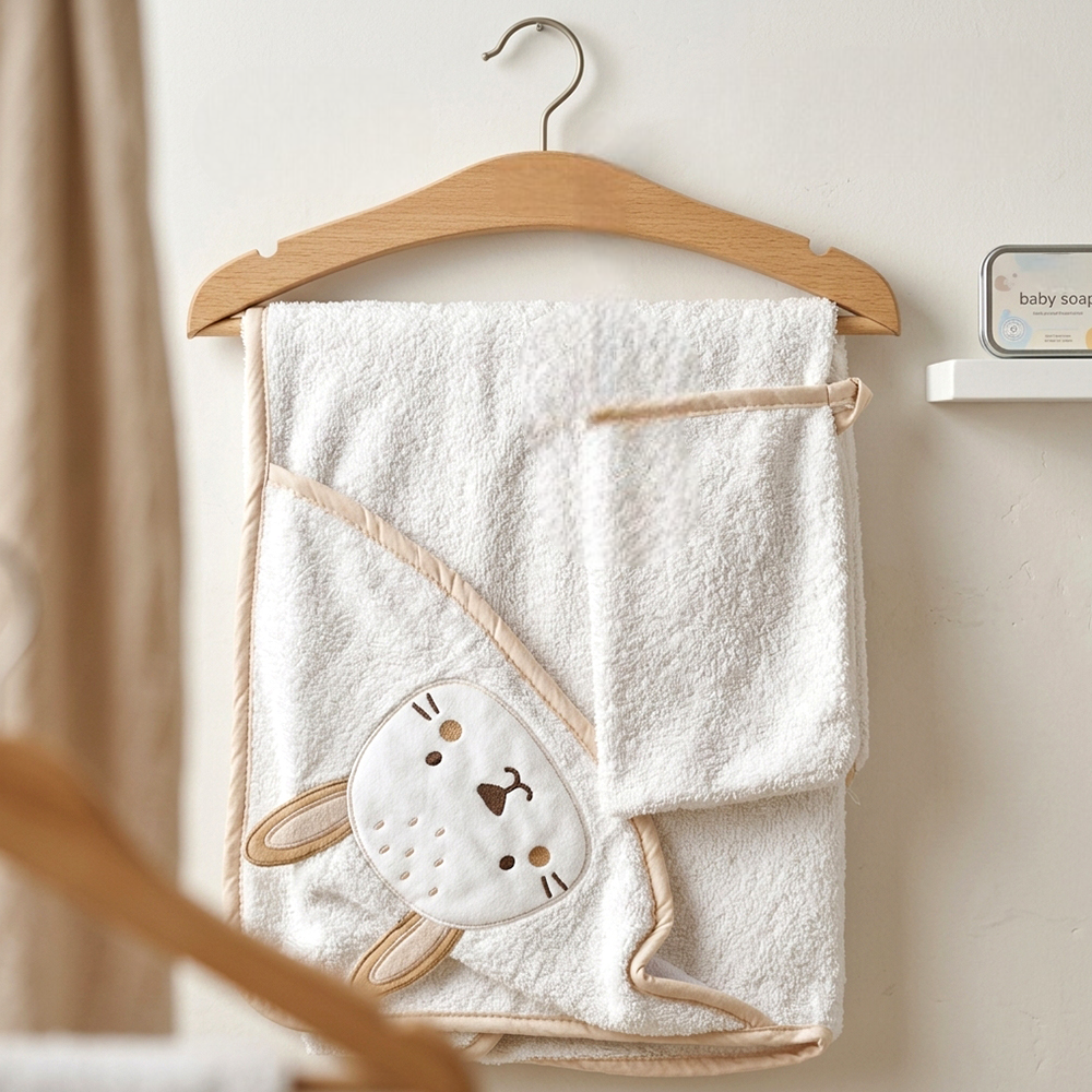 Little Bunny Embroidery Cotton 2-Piece Baby Hooded Towel & Bath Sponge Set Coffee - SP001.603.9