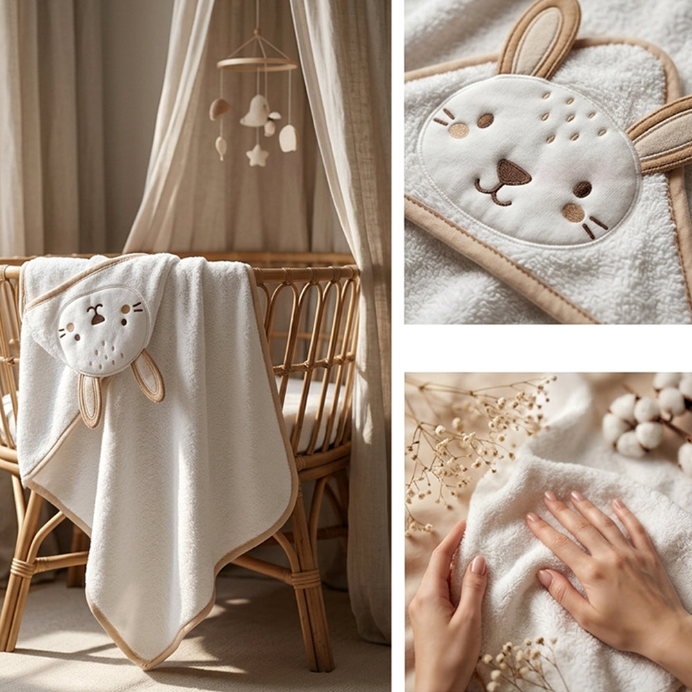 Little Bunny Embroidery Cotton 2-Piece Baby Hooded Towel & Bath Sponge Set Coffee - SP001.603.9