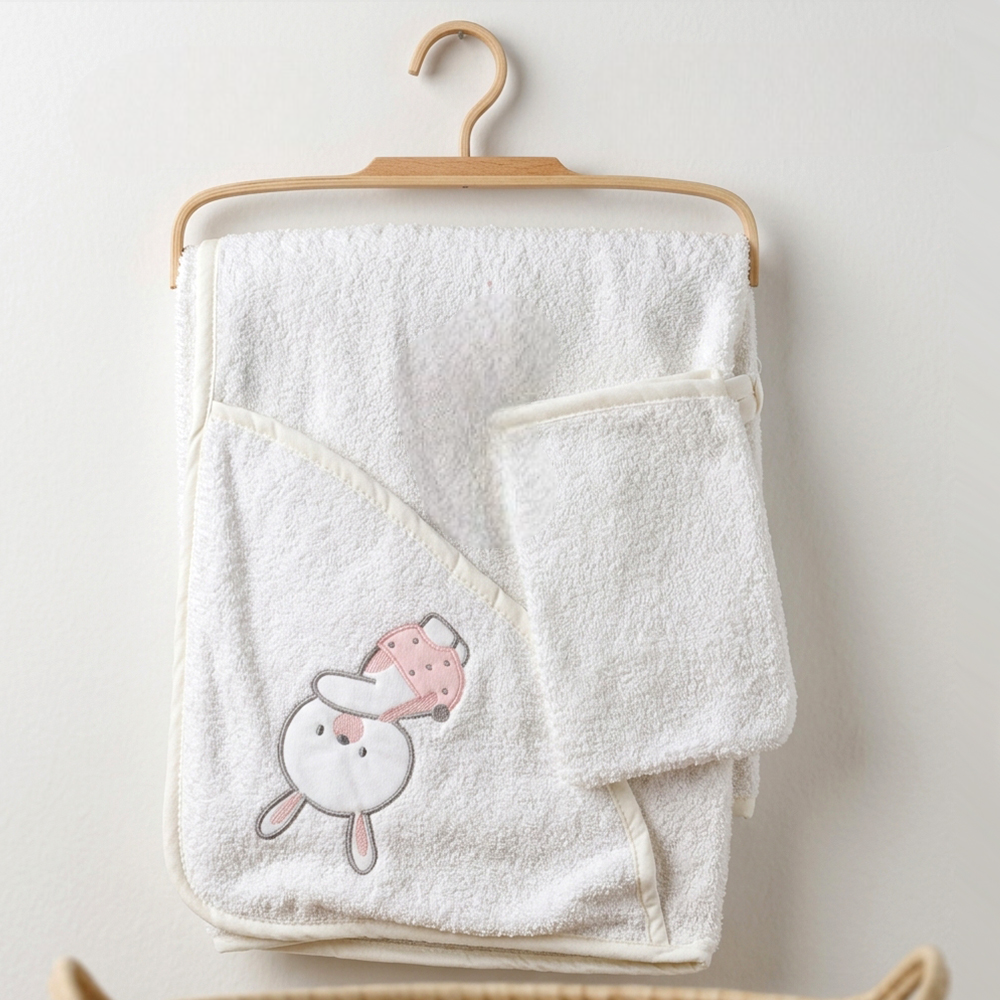 Bunny in a Hat Embroidery Cotton 2-Piece Baby Hooded Towel & Bath Sponge Set Ecru - SP001.604