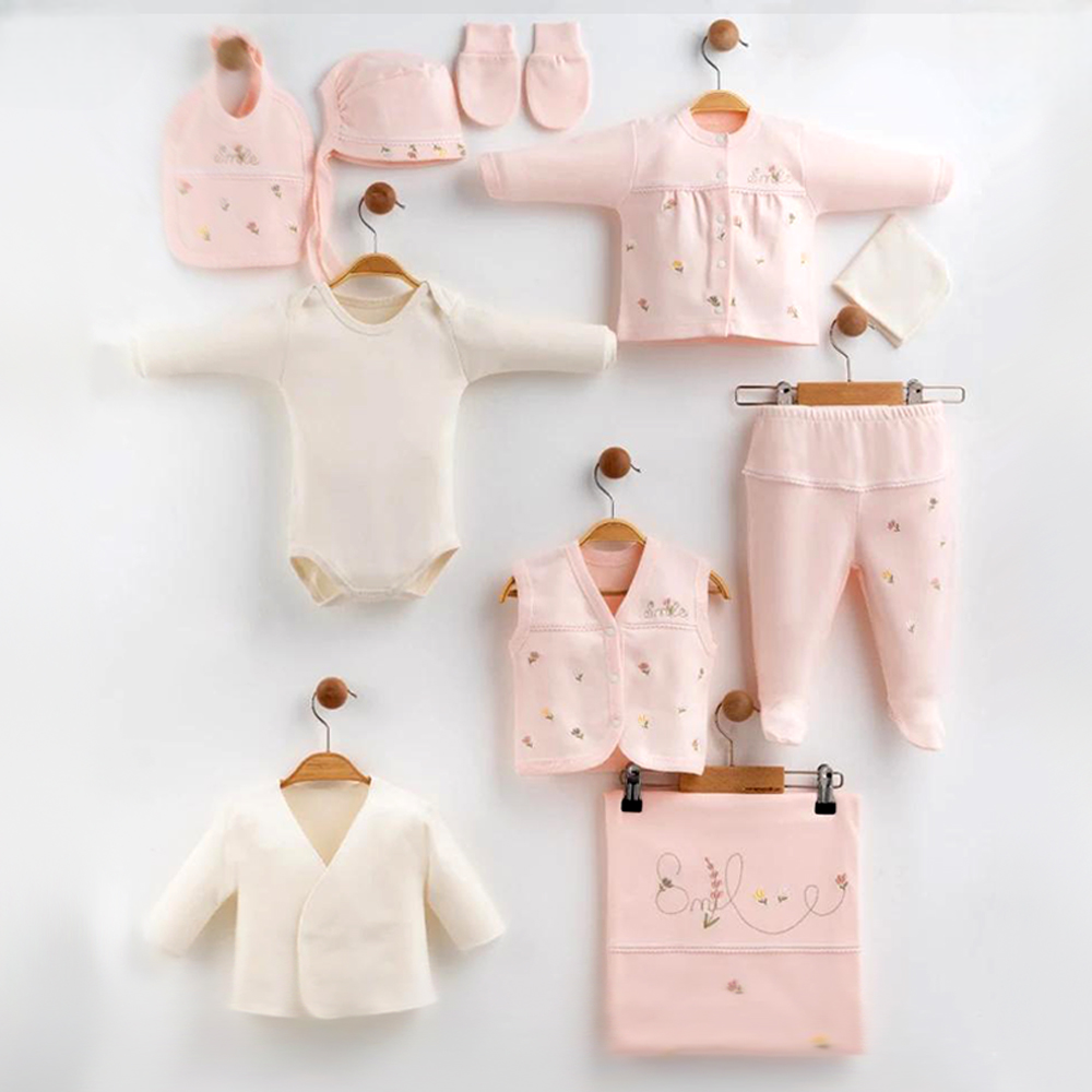 "Smile" Floral Themed Cotton 10-Piece Newborn Welcome Set Baby Salmon (0-3 Months) - TB023.1118
