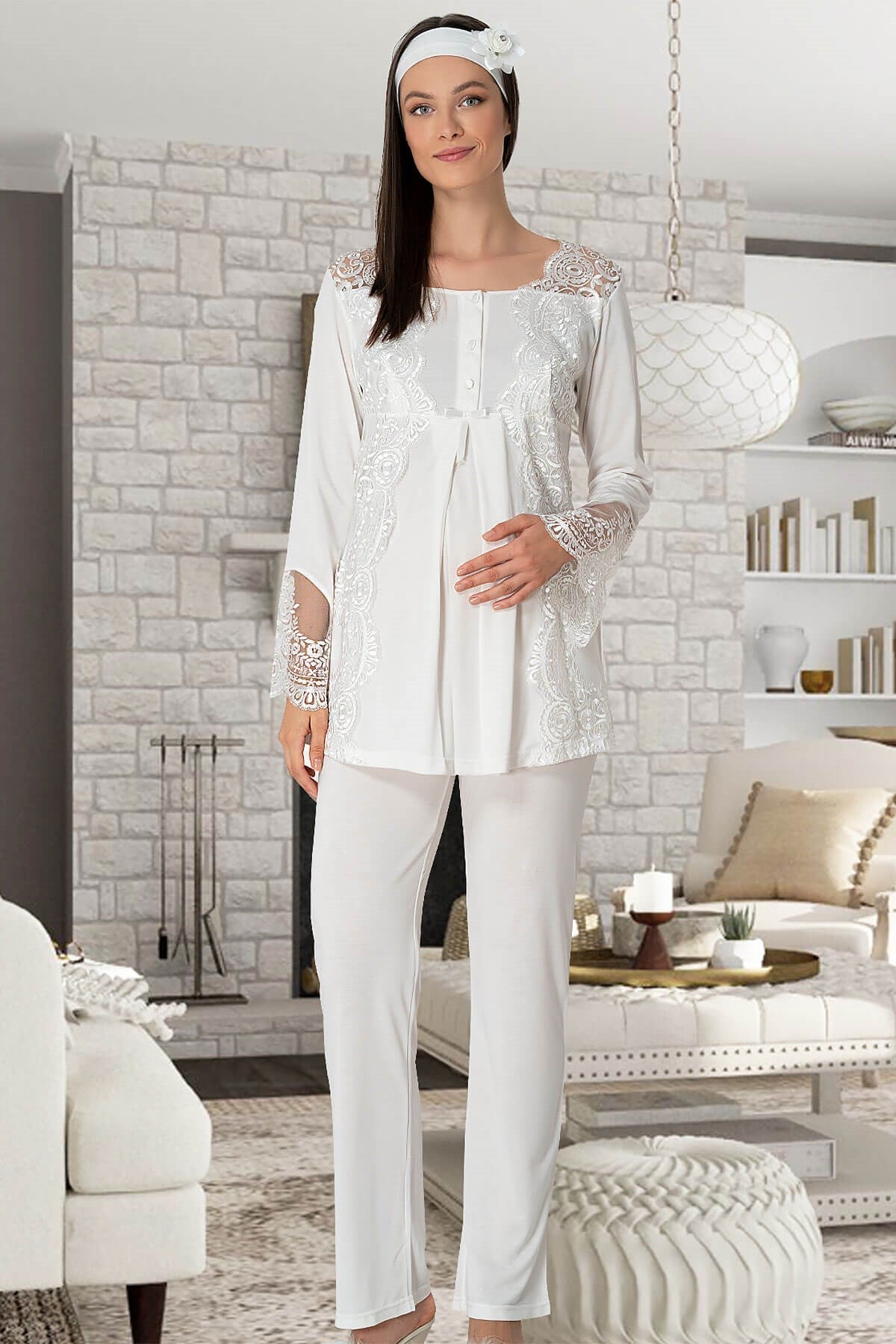 Lace Collar Maternity Feeding-Friendly Pajama Set Ecru - C5015