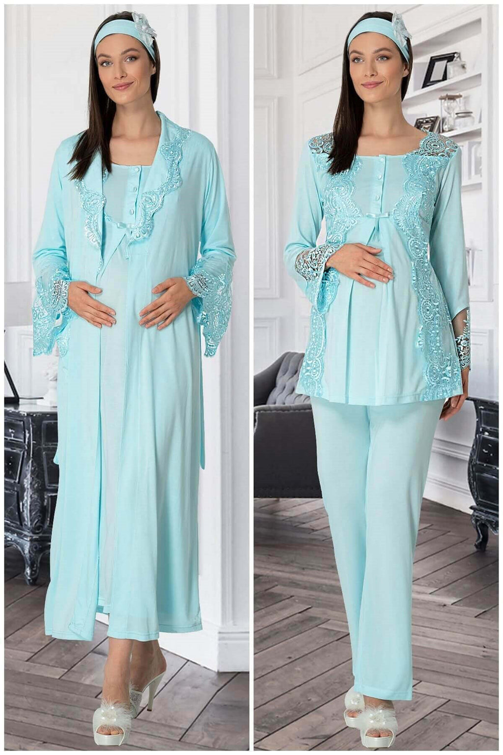 Lace Collar 4-Piece Maternity Feeding-Friendly Set Turquoise - C5355