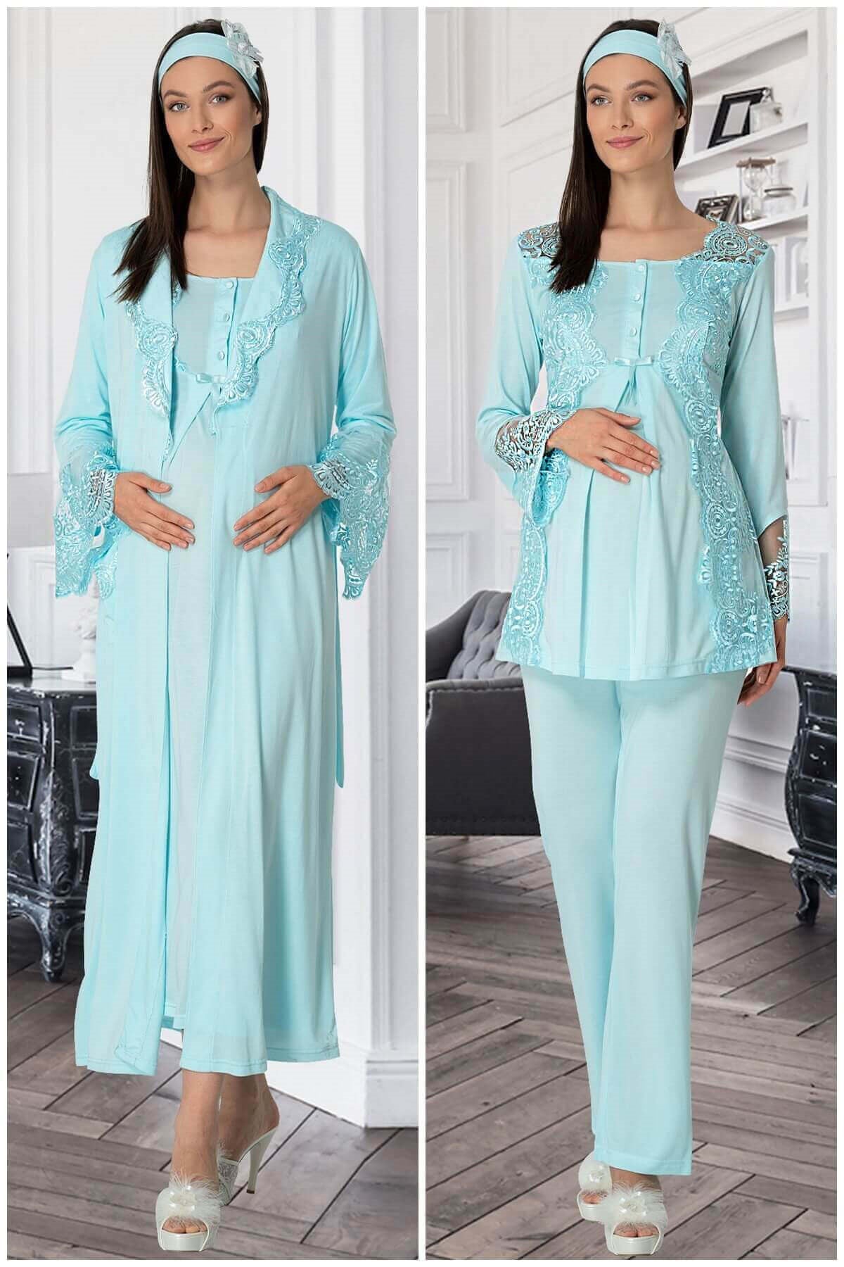 Lace Collar 4-Piece Maternity Feeding-Friendly Set Turquoise - C5355